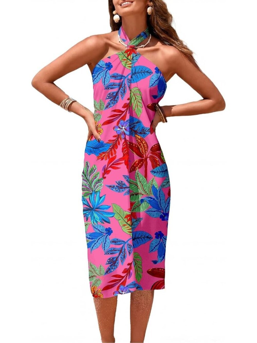 Women's Rose Tropical Leaf Swimsuit High Slit Summer Floral Print Wrap Beach - Picture 4 of 6